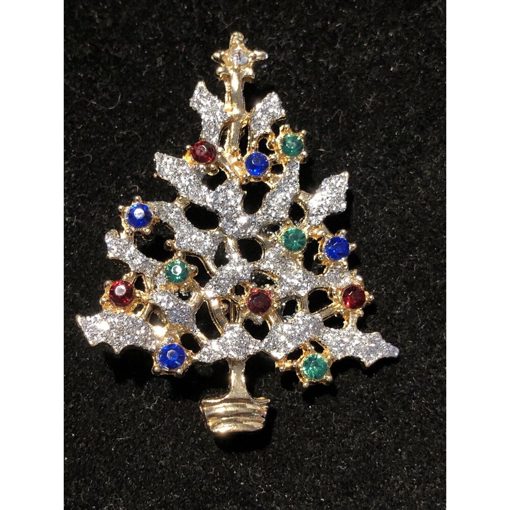 Vintage Multi Colored Rhinestone Gold/Silver Tone Holiday Christmas Tree Brooch